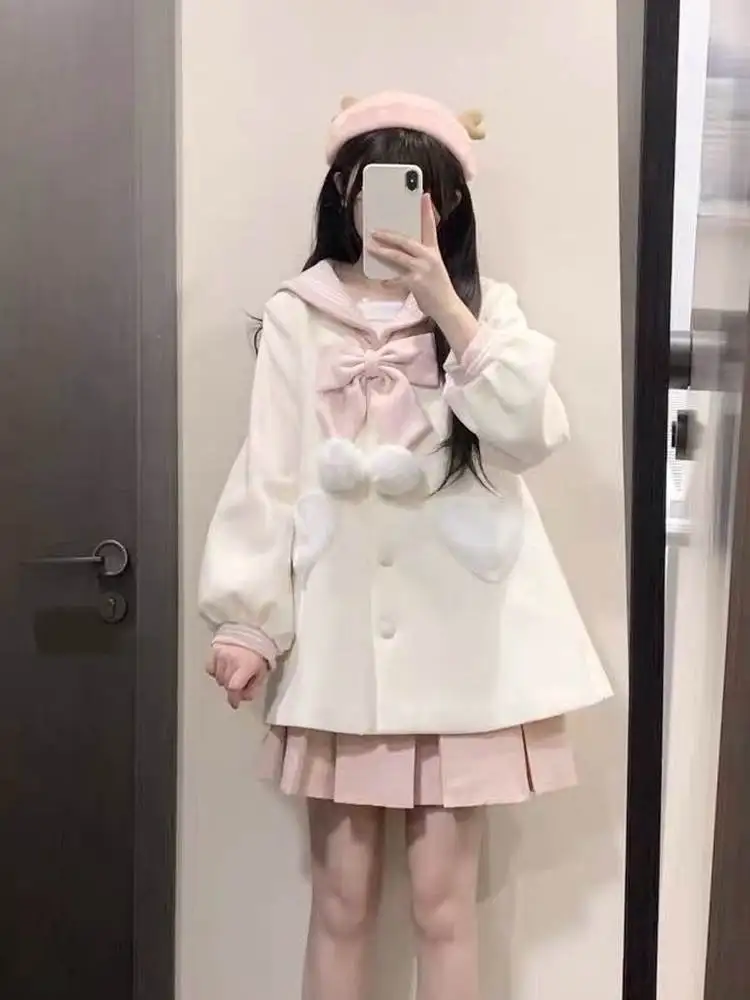 لطيف اليابانية Sle معطف طويل من الصوف البحرية طوق كلية الرياح المرأة الخريف الشتاء معطف صغير الحجم معطف قسط السيدات Faion #3