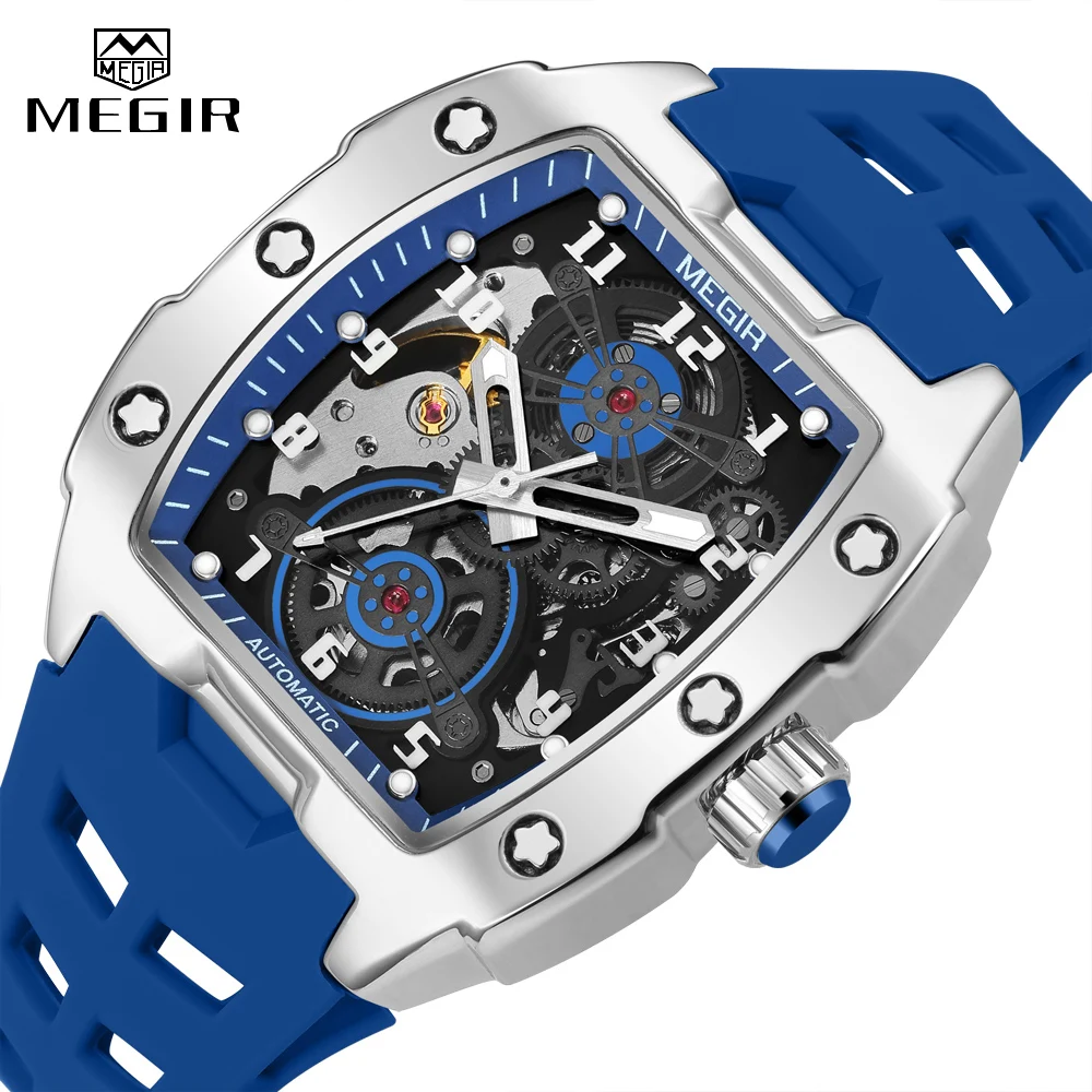 Megir Original For Mens Mechanical Wristwatch Male Fashion Automatic Watches Tonneau Case Dial Skeleton 2024 New Silicone Strap