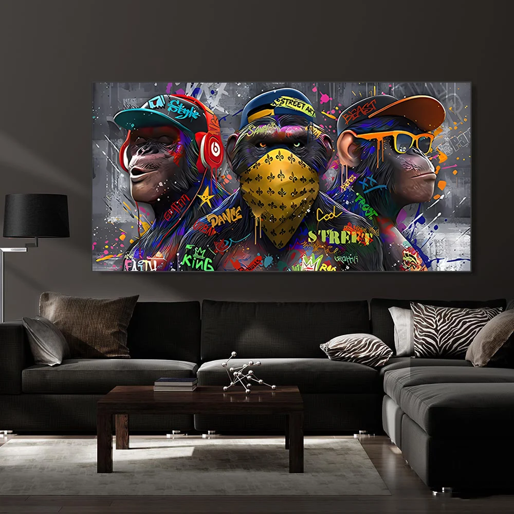 الكتابة على الجدران الجدار ملصق فني ثلاثة القرود الهيب هوب العصرية الحيوان جدارية ديكور المنزل الحديث قماش صورة طباعة غرفة المعيشة تزيين