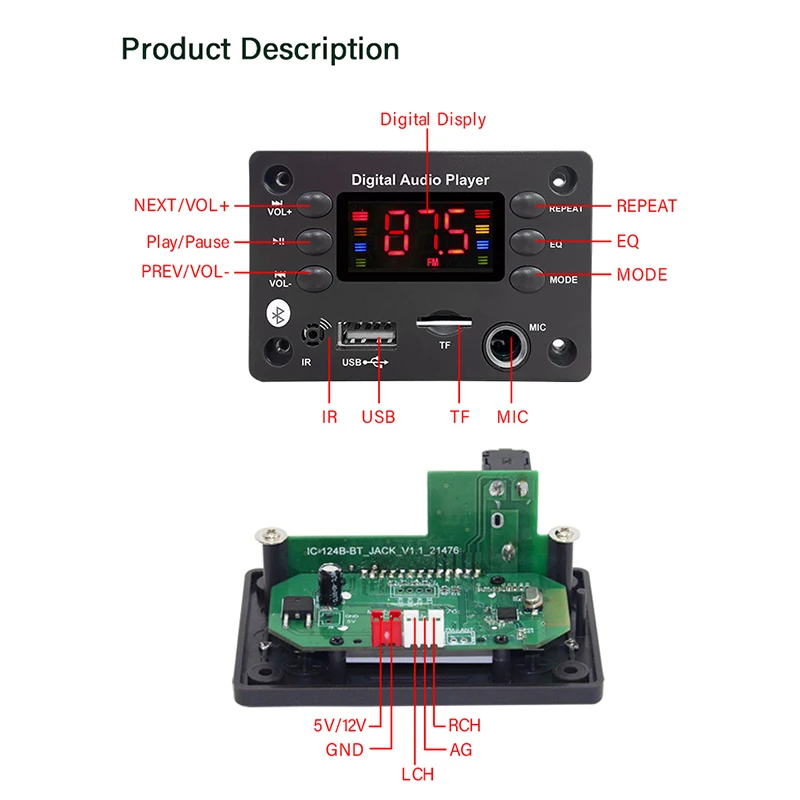 DC 5V 12V Bluetooth 5.0 MP3 WMA WAV APE Decoder Board Hands-free Car Audio Microphone USB TF FM Radio Mp3 Music Player Speaker