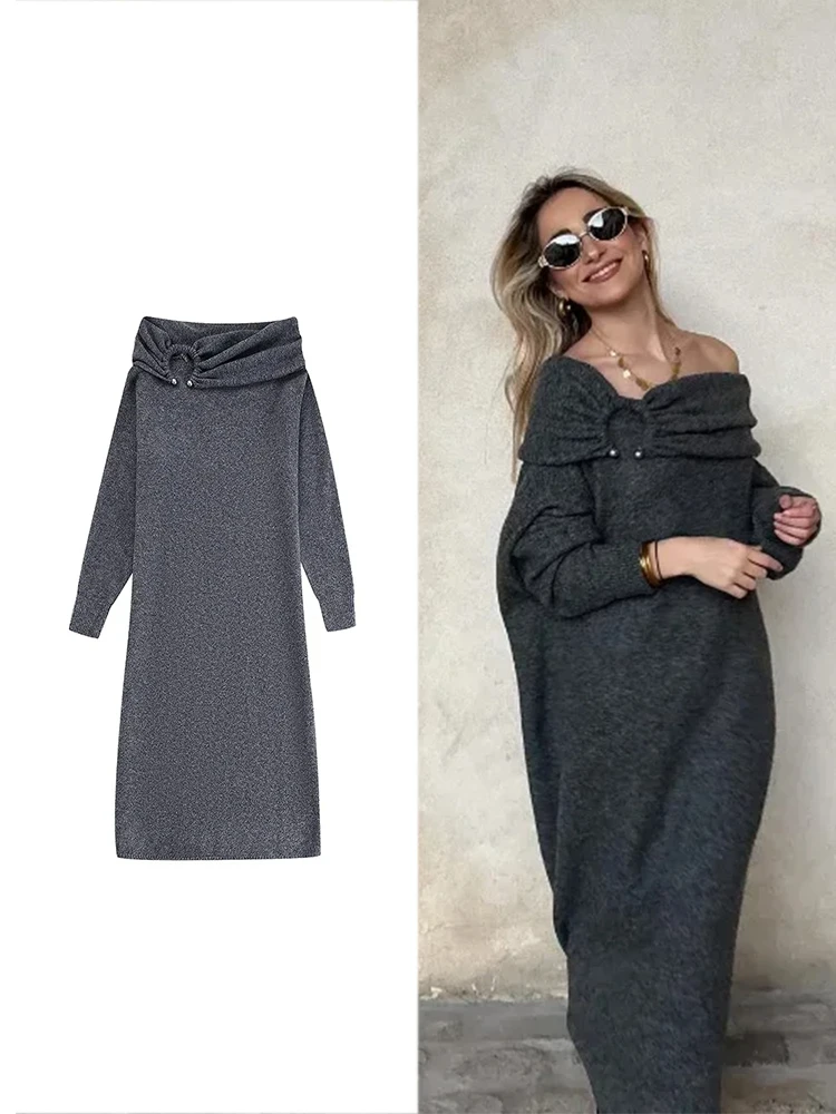 TRAF Women\'s Fashion Casual Strapless Knitted Sweater Autumn and Winter Slant Neck Thickened Sweater Gray Warm Slim Dresses