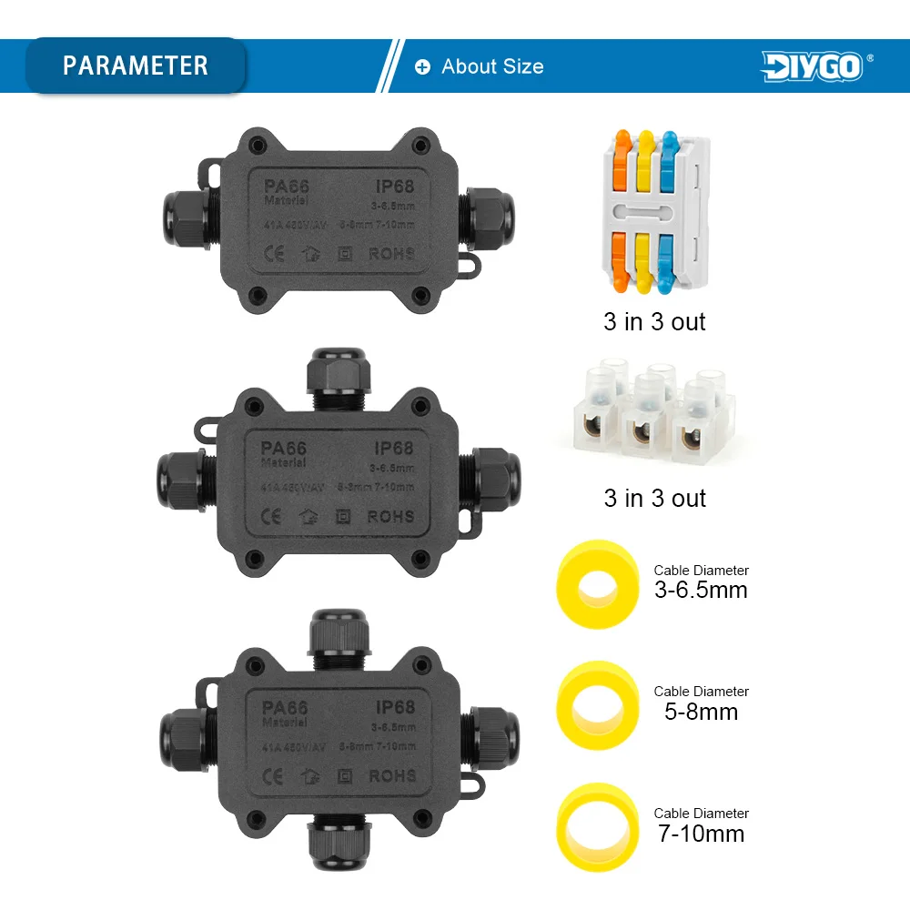 DIY GO IP68 Waterproof Junction Box, LED Outdoor Junction Box, Rain Proof Junction Box, 2/3/4 Way Electrical Box with Terminals