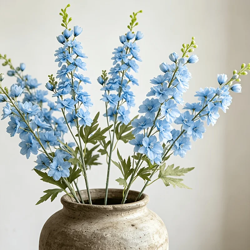 

6 Pieces, Without Vase, Delphinium Artificial Flowers, Flocked Hyacinths, Home Decoration Ornaments, Wedding Hall Scene Arrangement, Photography Props, Soft Light Blue Artificial Dahlia Stems, Artificial Long-Stemmed Dahlia Flowers with Green Leaves, Suit