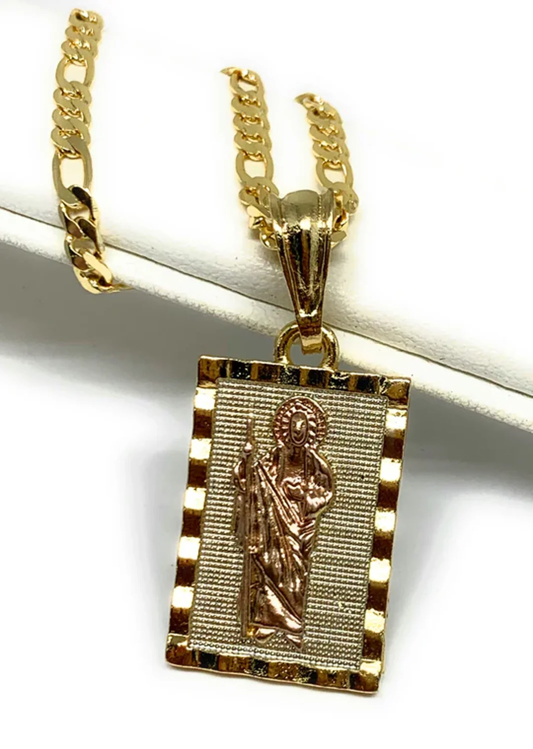 Zciti Gold Rectangular Saint Pendant Necklace for Men Women Religious Jesus Stainless Steel Cuban Chain Catholic Jewelry Gift