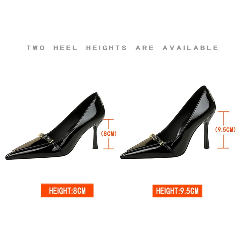 BIGTREE Shoes New Metal Buckle Women Pumps Pointed High Heels Patent Leather Women Heels Shoes Stiletto 9.5 cm Sexy Party Shoes
