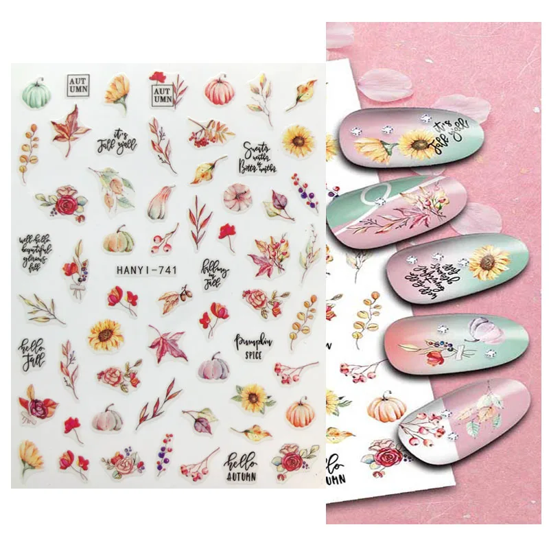 Herfst 3d Nagelsticker Goud Geel Paars Esdoornblad Bloemen Vlinder Insect Pompoen Sliders Manicure Zelfklevende Gel Nail Art Sticker