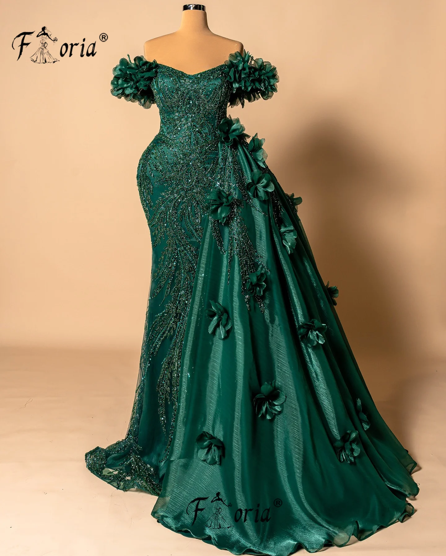 فستان حفلات المشاهير للسيدات من قطعتين باللون الأخضر الداكن في دبي خرز سباركلي حورية البحر لحفلات الزفاف فستان زهرة فيستدوس دي غالا أنيق #1