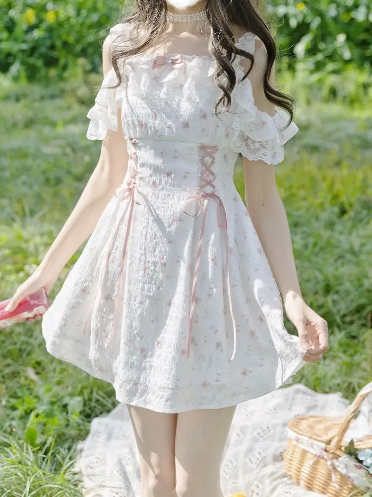 فستان ياباني حلو مكشوف الكتفين مزين بالزهور فستان نسائي موضة جديدة Kawaii Harajuku لوليتا فساتين جمالية جميلة ملابس خرافية