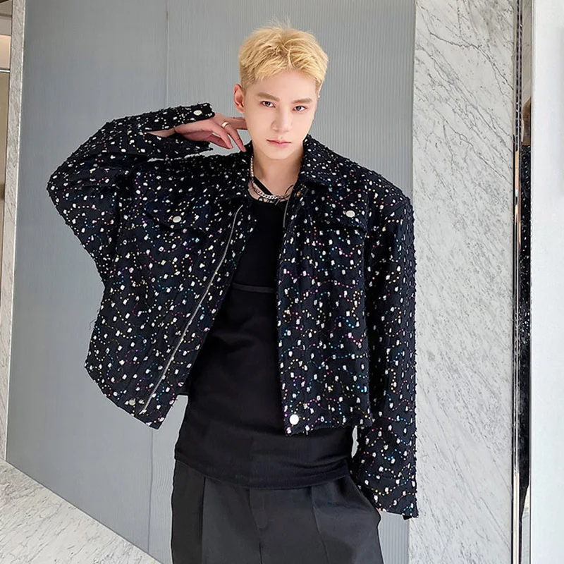 IEFB Personality Embroidery Sequin Short Men's Jacket Trend Korean Desige Lapel 2024 Autumn Casual Turn-down Collar Coat 9A1711