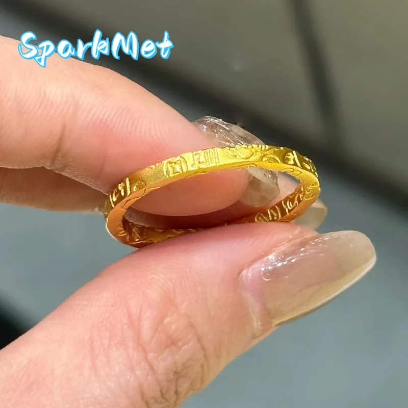

Sparkmet 9999 24K Real Gold Simple Temperament Fashionable Auspicious Words Ring Niche Light Luxury Ring Plain Circle Couple Pai