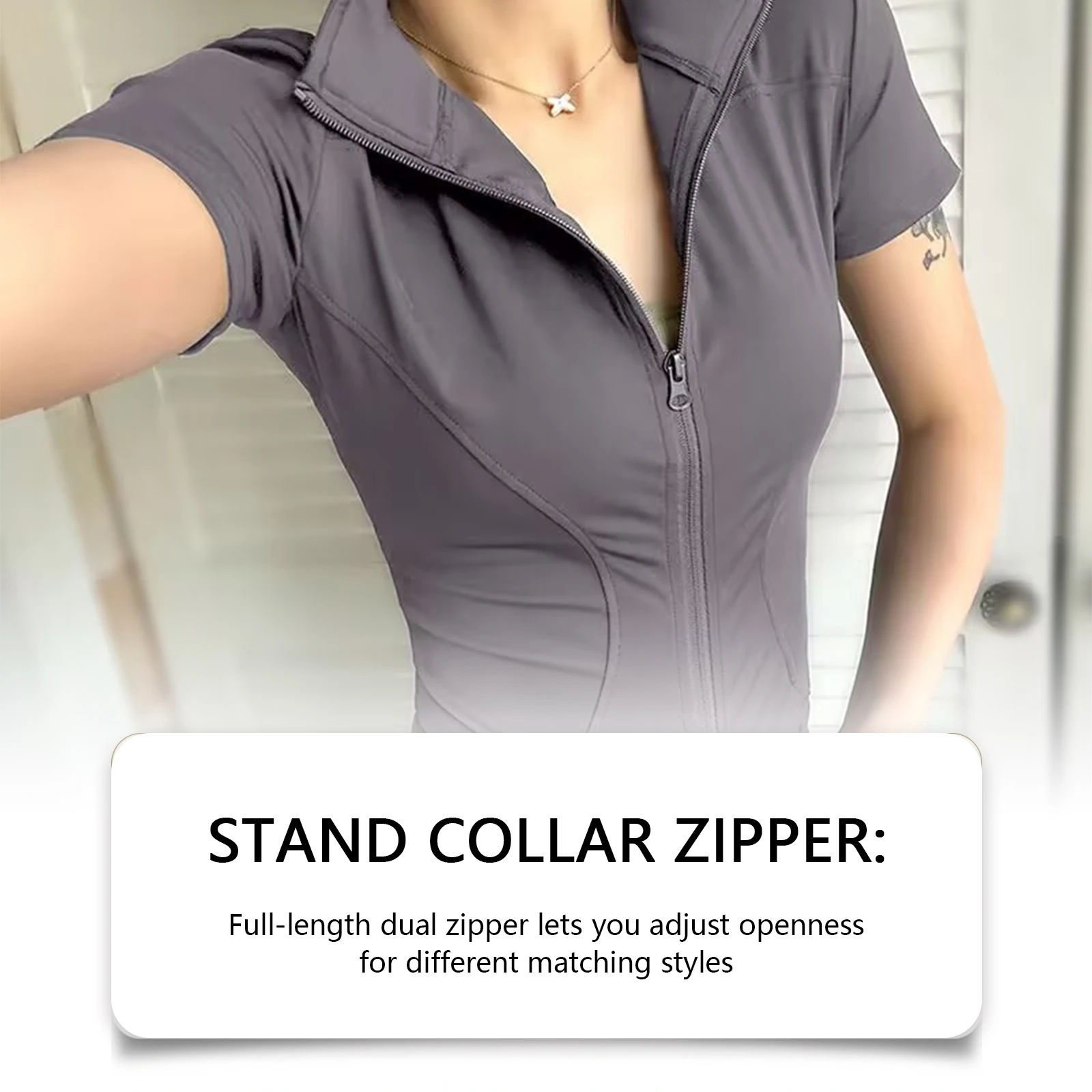 Zip Up Stand Collar Short Sleeve Yoga Jacket, Slim Fit Quick Dry Workout Top, Stretchy Sports Running Outerwear