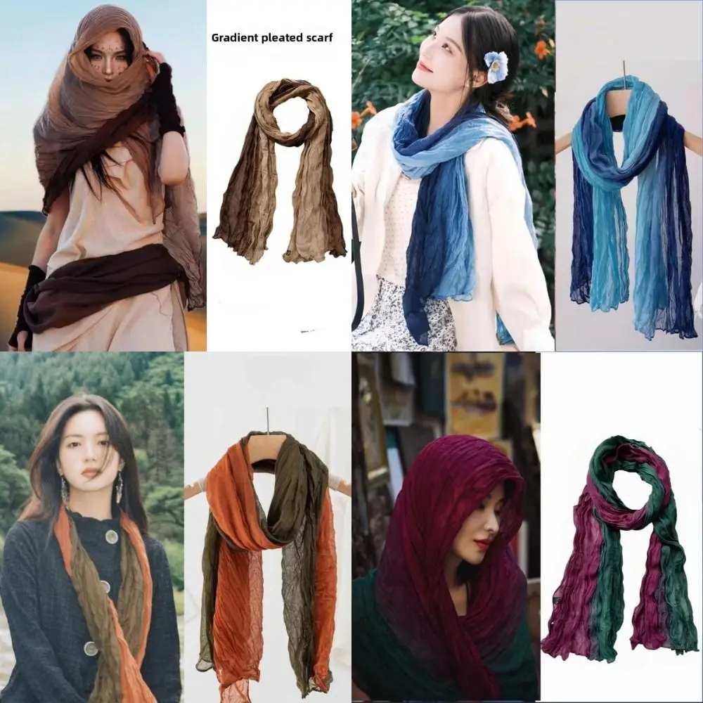 

Hot Vintage Gradient Scarf Wasteland Style Versatile Long Pleated Shawl Lightweight Breathable Hijab Scarf for Female Accessory