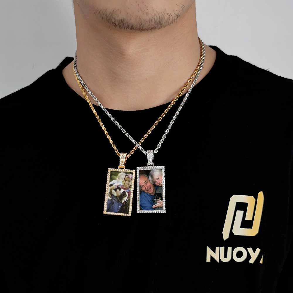 Custom Made Photo Rectangle Shape Pendant Necklace Zircon Men\'s Hip Hop Jewelry Memory Picture Pendant For Men Gift