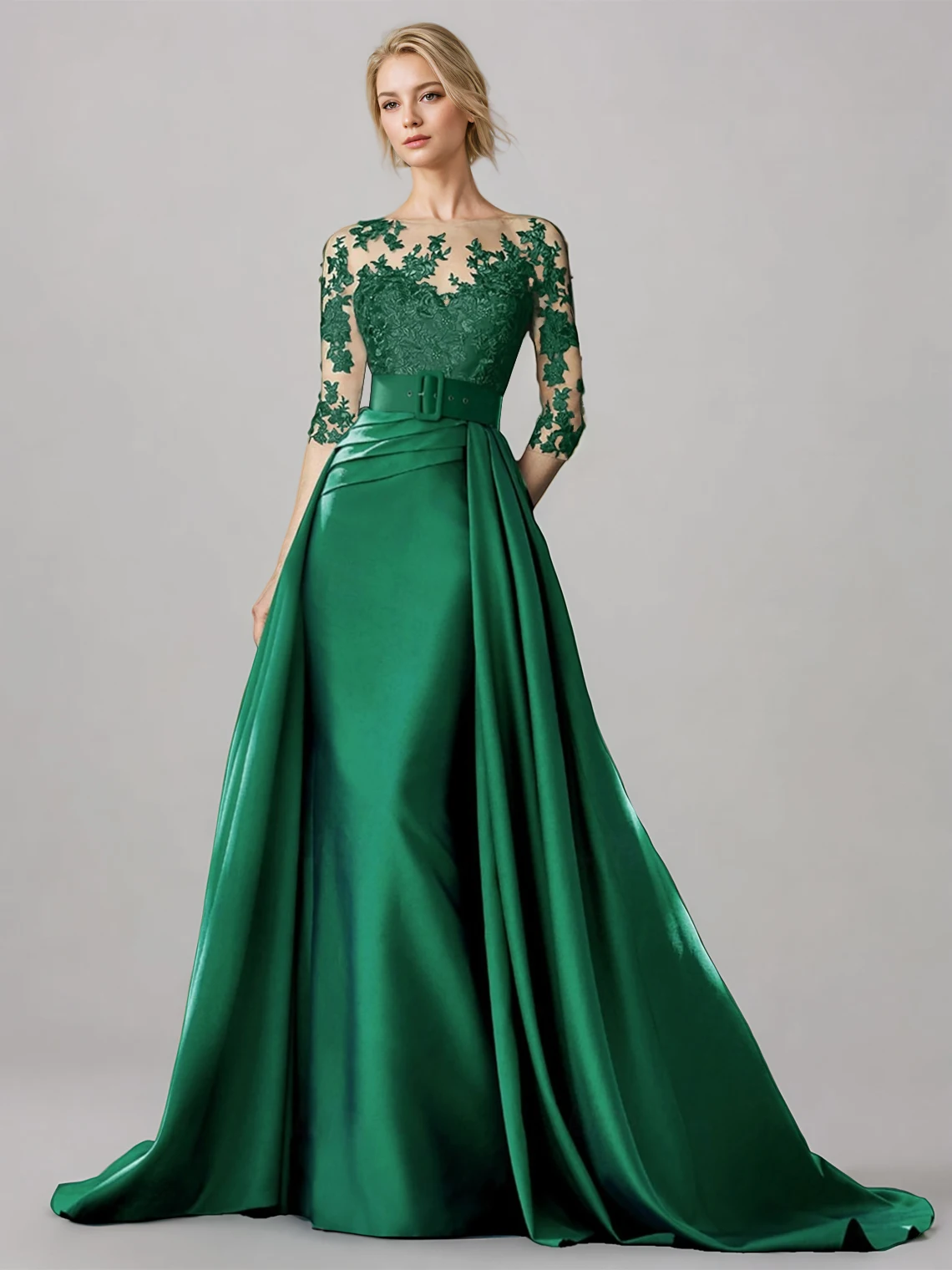 

A-Line Evening Gown Elegant Dress Formal Sweep Train Long Sleeve Jewel Neck Belt / Sash Satin Appliques 2025 free customized