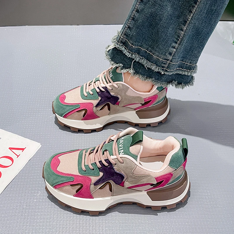 Women Colored Chunky Sneakers Vulcanized Shoes Female Platform Sneakers Lace Up Thick Soles Non-slip Casual Sports Shoes 2024