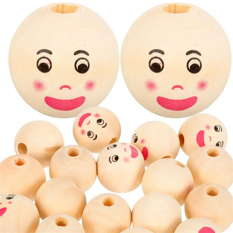 

40pcs Wooden Beads DIY Wood Beads Natural Wood Beads Loose Beads With Face Pattern Wooden Colored Smiling Face Wooden Beads