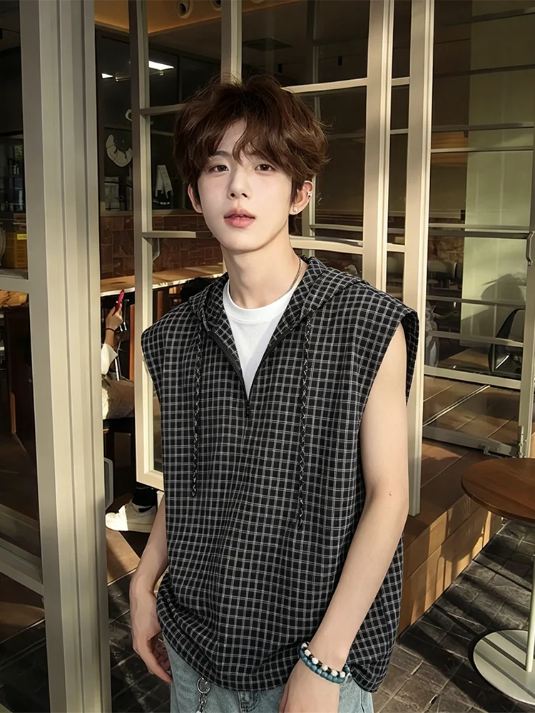 American Plaid Half Zipper Hooded Vest Men's Thin Design Sensation Sleeveless T-Shirt Outdoor Casual Shoulder Pad