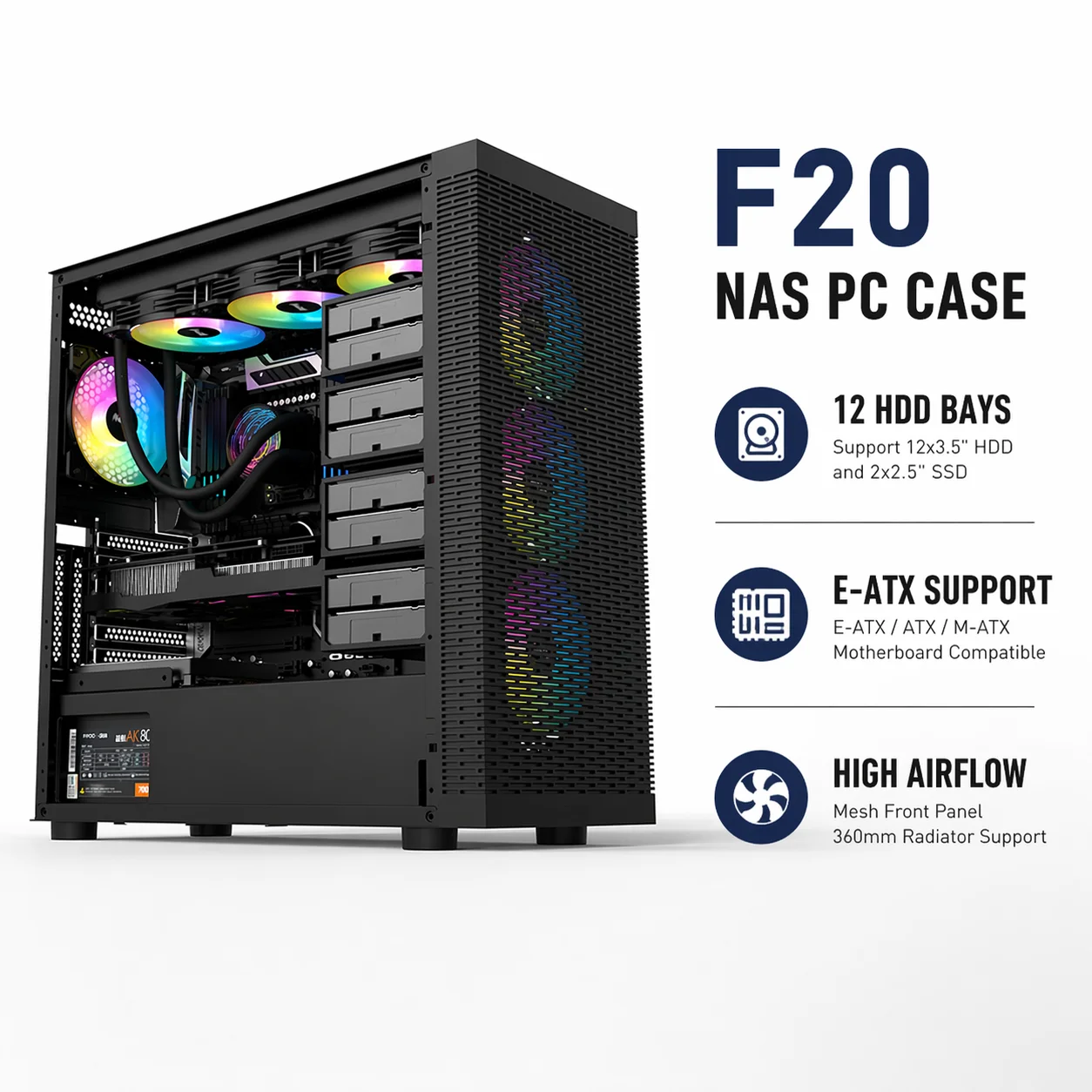 

F20 E-ATX PC Case 12 Bay HDD NAS Chassis ATX M-ATX Computer Case Support 400mm GPU 360mm Water Cooling ATX PSU