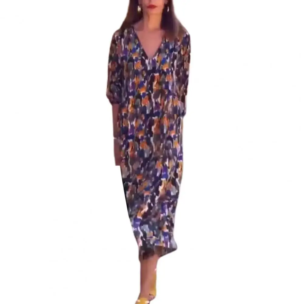 

Women V Neck Dress Elegant V Neck Midi Dress with Puff Sleeves Retro Print Loose Fit for Fall Spring Ideal for Office or Date