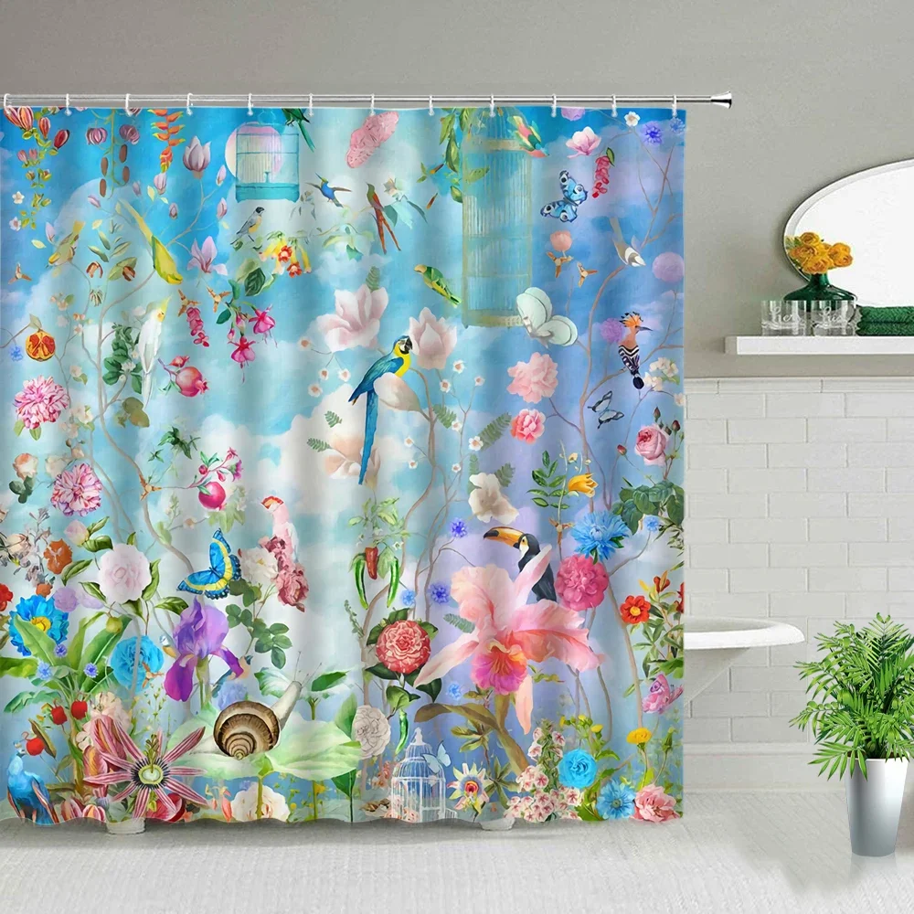 Chinese Style Flower Bird Butterfly Parrot Scenery Shower Curtain Floral Plant Bathroom Screen Waterproof Fabric Bath Curtains