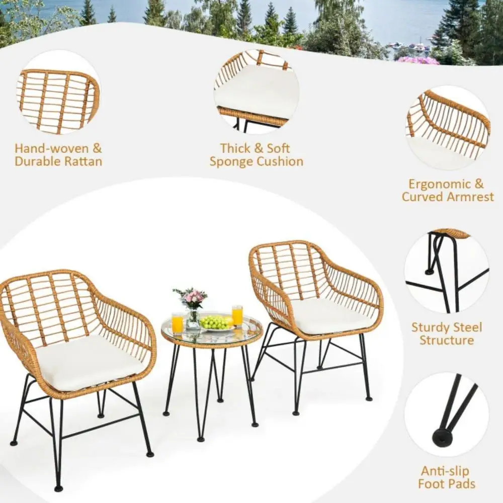 Set di mobili in rattan da 3 pezzi con sedie imbottite e tavolo in vetro per patio, portico, balcone, relax all'aperto, design moderno
