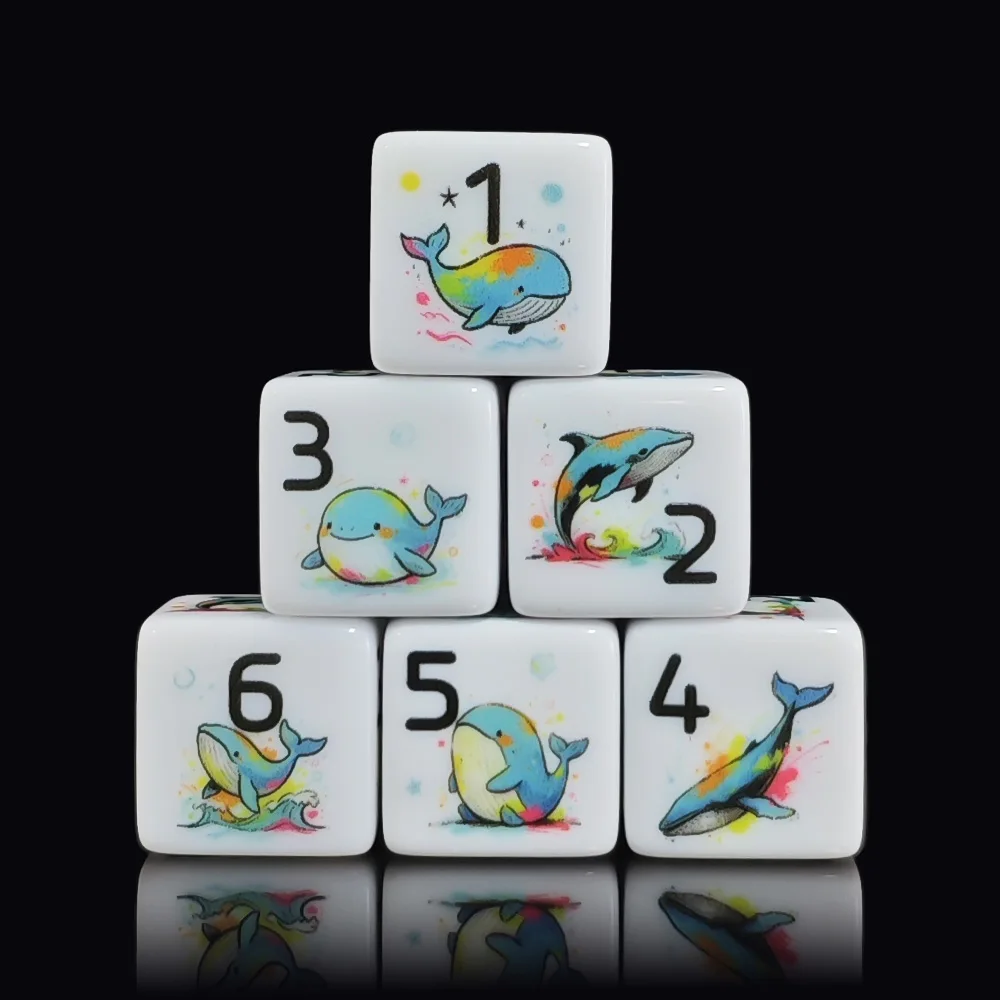12Pcs 16MM D6 Vivid Cartoon Ocean Whale Printed Acrylic Dice Fit DND D&D MTG Tabletop Fantasy Game For Player D6 Dice
