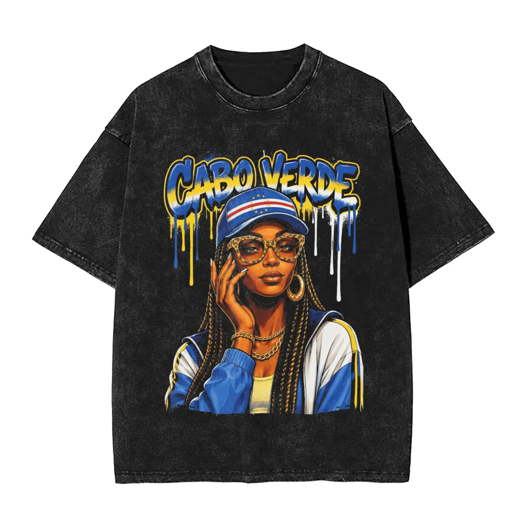 Novelty Cabo Verde Flag Melanin T-Shirts Men Round Neck Pure Cotton Washed T Shirt  Short Sleeve Tees Unique Clothing