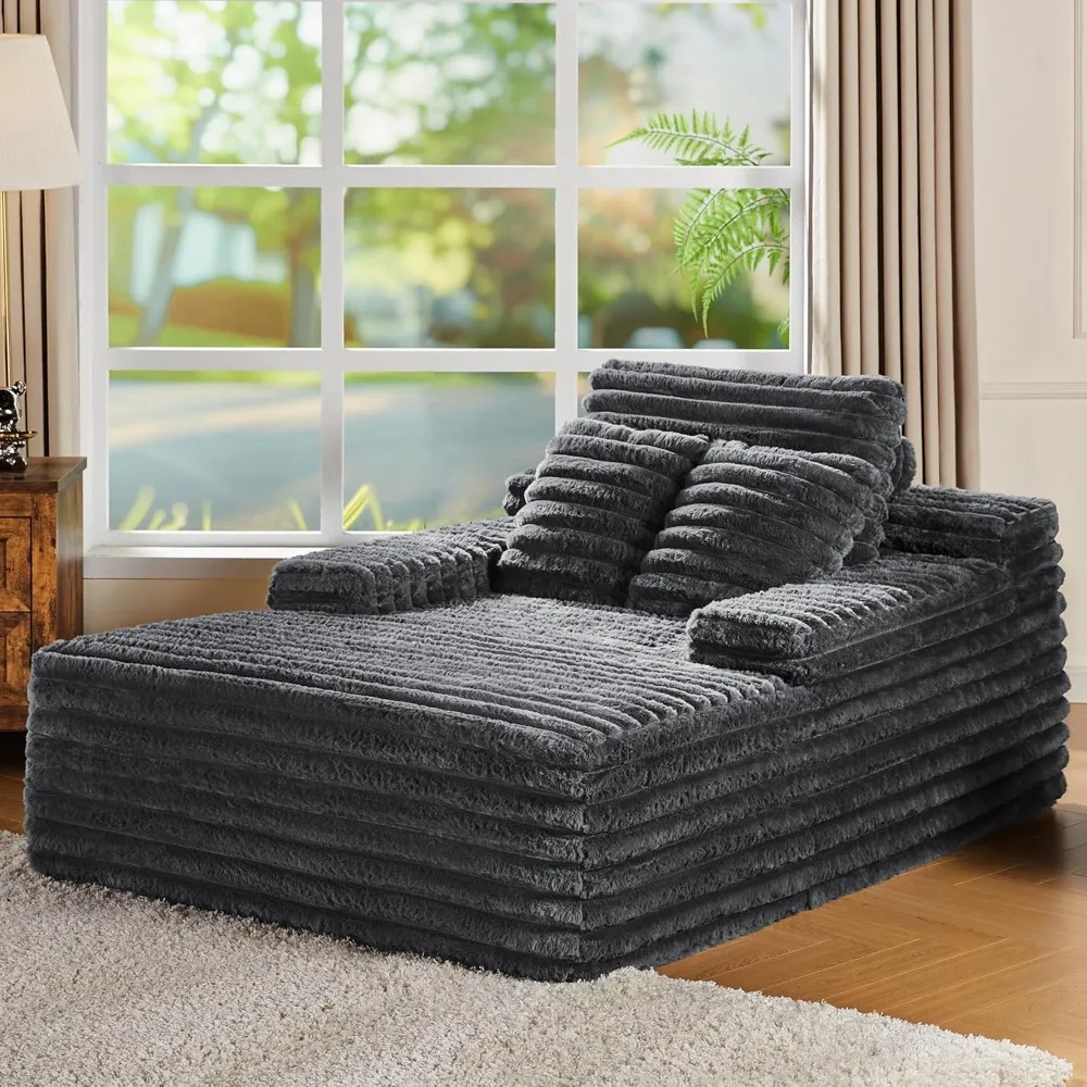 

67-inch Chaise Lounge with Cushions and Armrests, Faux Fur Sofa Bed