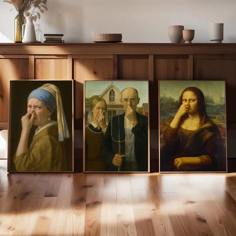 Funny Bathroom Mona Lisa Toilet Humor Canvas Painting Girl with A Pearl Earring Pinching Her Nose Poster Prints Art Home Decor