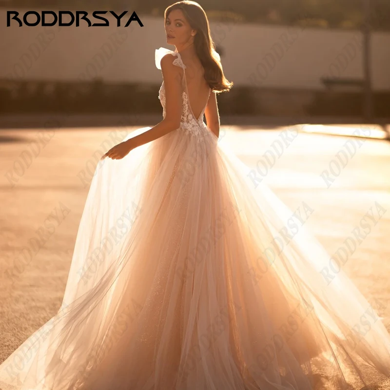 RODDRSYA Romantic Princess Wedding Dress For Women Spaghetti Straps Sleeveless Bride Party Deep V-Neck Backless Bridal Gowns