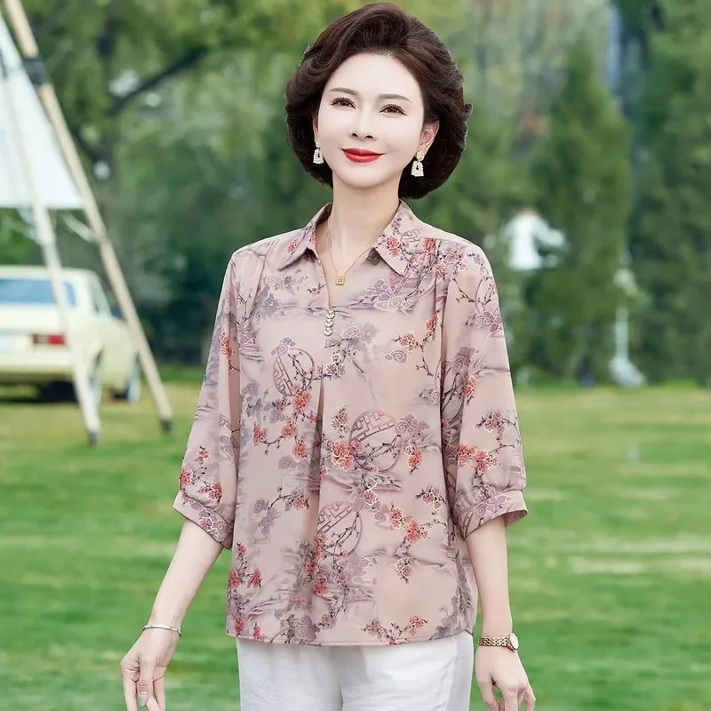 

Women's Summer Floral Print Blouse Three Quarter Sleeve Lapel Casual Shirt For Middle Aged Elderly