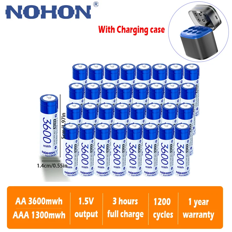 NOHON 1.5V Li-ion Battery AA 3600mwh Rechargeable Batteries 2.5 hours Fast Charging 1600mwh AAA Battery With Charging Box