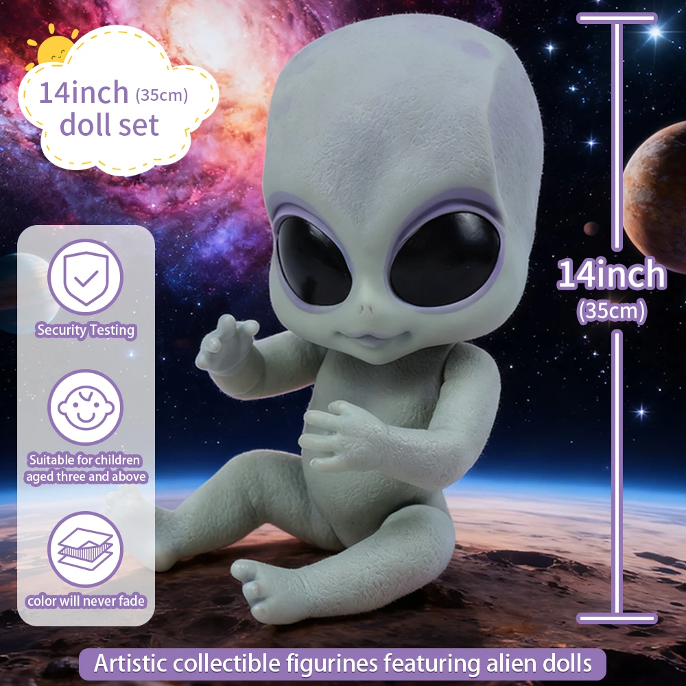 Muñecas Reborn de 14 pulgadas, muñeca alienígena realista, cuerpo completo, vinilo duro plateado, juguetes artísticos coleccionables hechos a mano, regalos