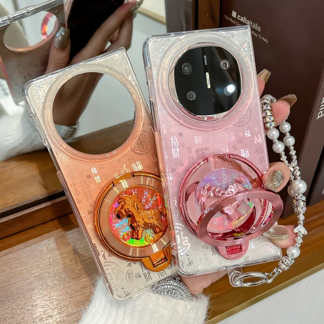 

For HUAWEI Mate X3 X5 X6 Case Chinese Style Word Shell Pattern Mobile Phone Cover With Pearl Strap And Horse Phone Holder
