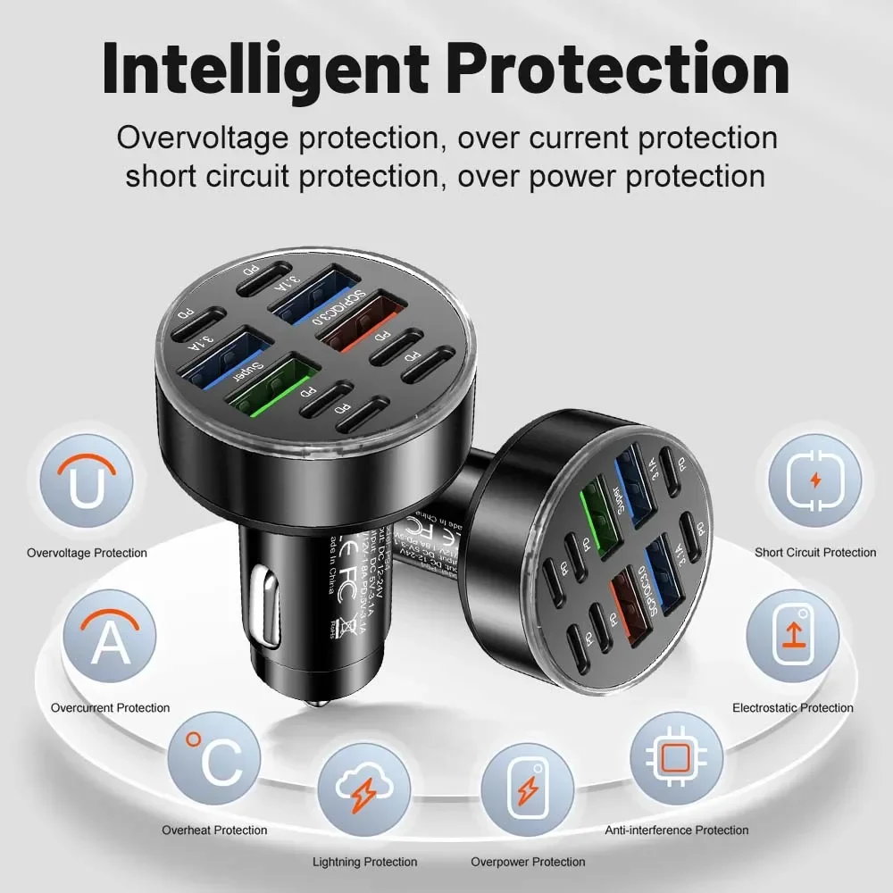 350 واط 10 منافذ شاحن سيارة شحن سريع PD QC3.0 USB C شاحن هاتف السيارة نوع C محول في السيارة آيفون سامسونج هواوي Xiaomi