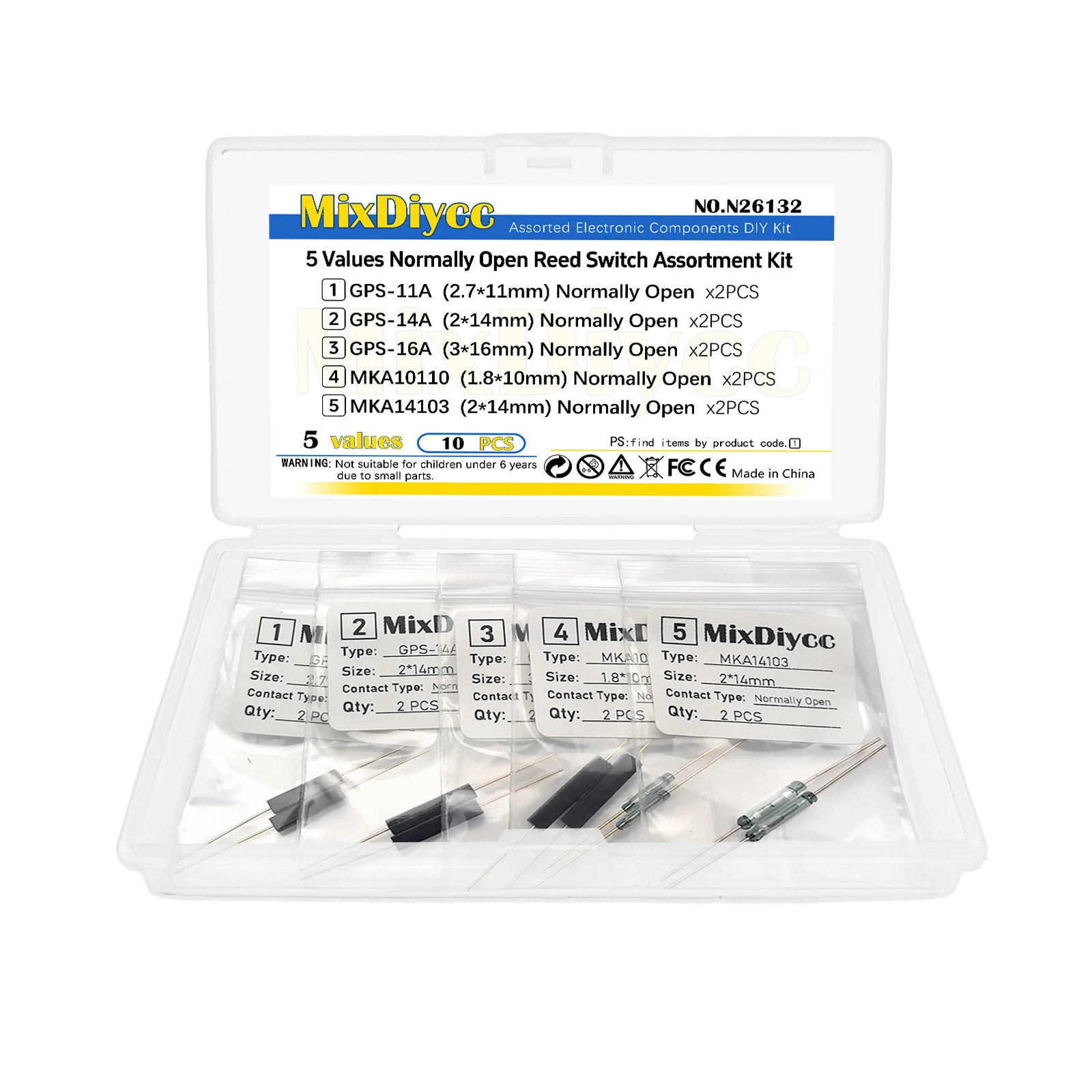 5 Values Normally Open Reed Switch Kit GPS-14A GPS-16A MKA14103 MKA10110 MKA14103 Electronic Components, Total 10 Pcs