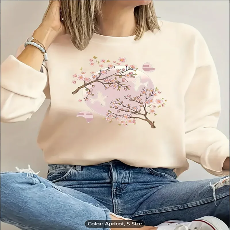 

Женская абрикосовая толстовка с вишневым принтом и графическим принтом птицы, повседневный пуловер большого размера, топ для любителей природы, чистый хлопок