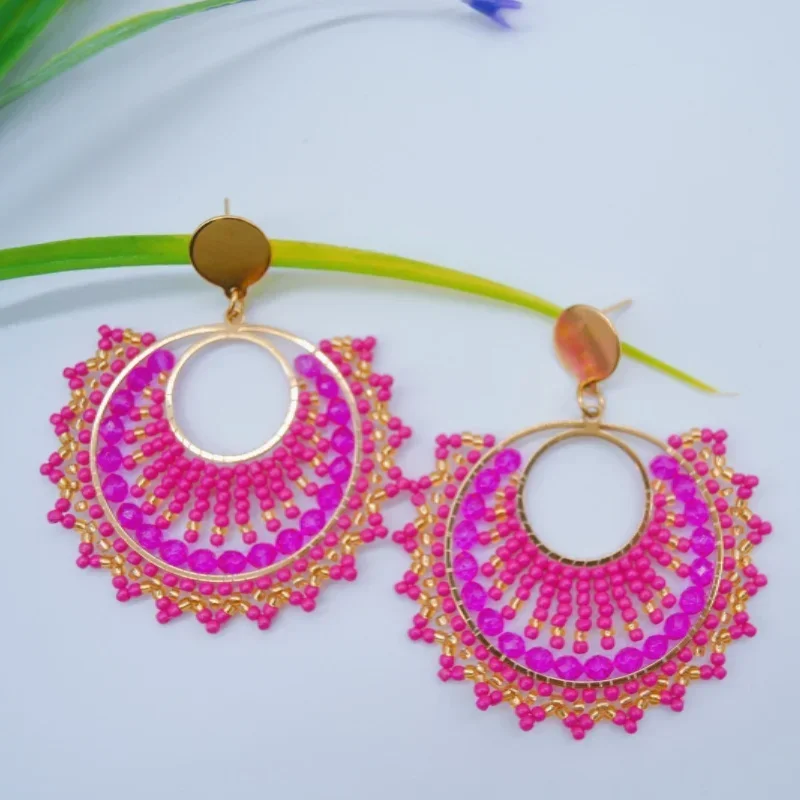 Beaded earrings Rose red Versatile Roundness Crystal Double-deck Hand knitting Bohemia Alloy Fashion Female Rice bead earrings