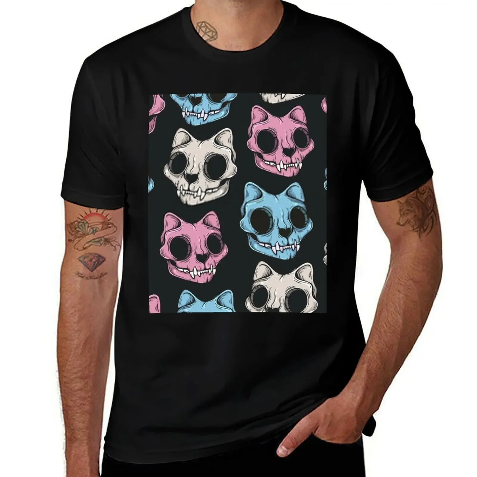 Cat skull seamless pattern Scary Horror Mask Halloween 2020 T-Shirt Clothing mens white t shirts