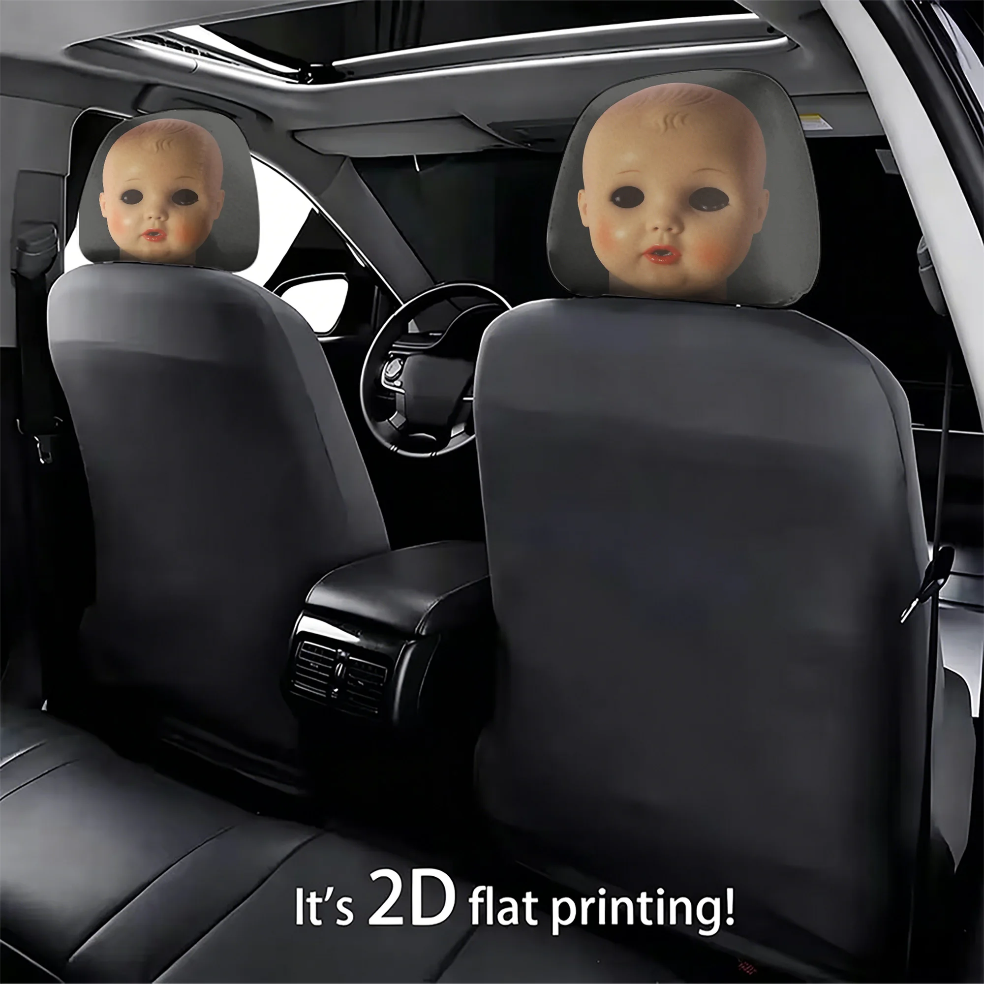 2pcs Set of Car Headrest Covers with Doll Face Design, adding a spooky and unique atmosphere to your car interior. Does not incl