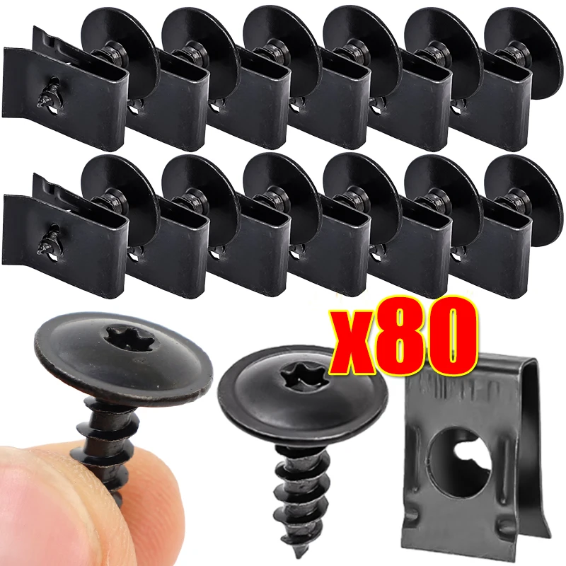 20-80pcs Car Motorcycles Anti-rust Metal U-Type Clip with Screw Tapping Fastener Clip Protection Leaf Board Buckle Screws