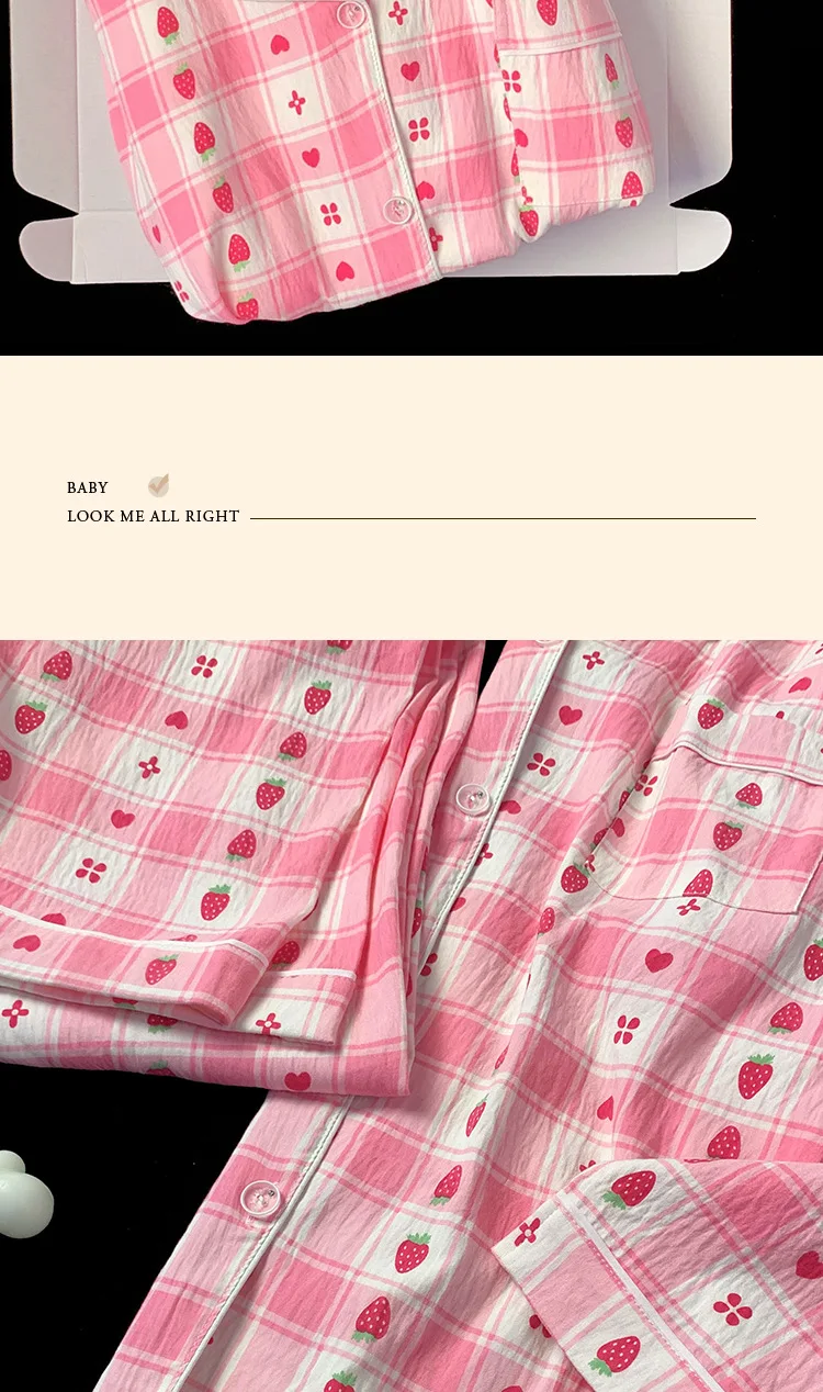Erdbeer-Pyjama für Damen, langärmelig, Loungewear, Nachtwäsche in Übergröße, Damen-Nachtwäsche, kariertes, gestreiftes, herzförmiges Muster – Detail 8