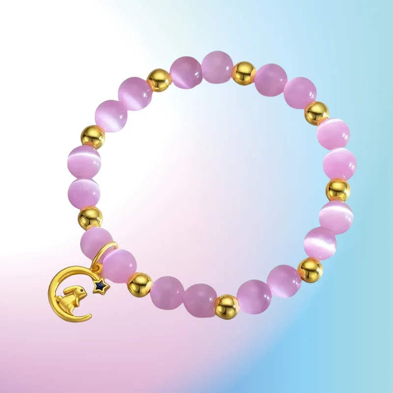 

NEW 9999 Real Gold 24K Pink Opal Star Picking Jade Rabbit Bracelet Light Luxury Niche Premium Moon Rabbit Bracelet Female