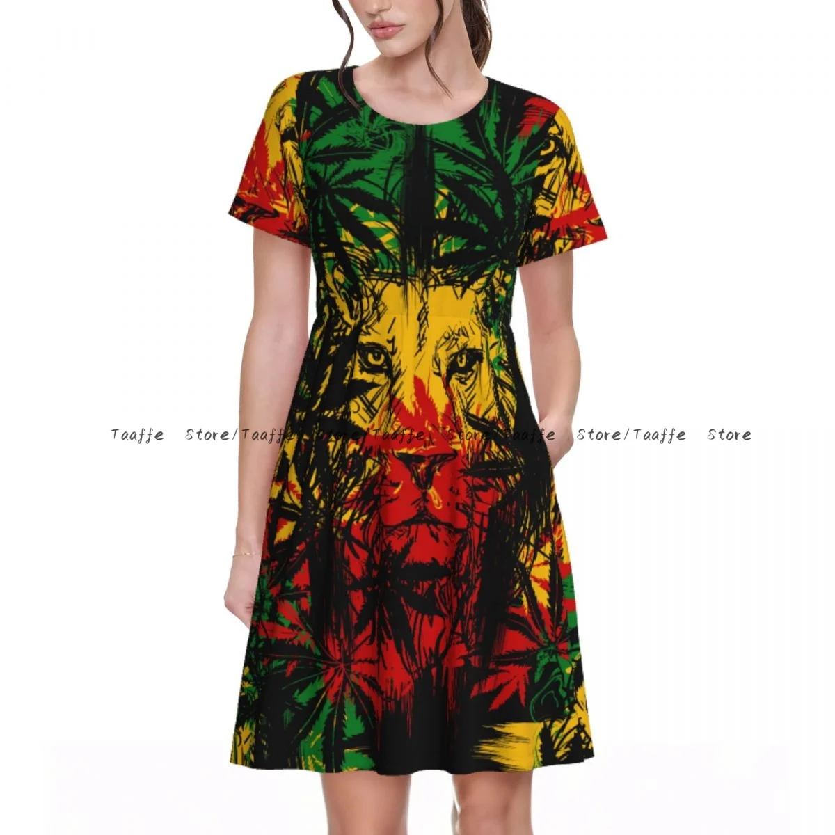 

Summer Lion Rasta Pattern Dress Women Casual Round Neck Short Sleeve Dress