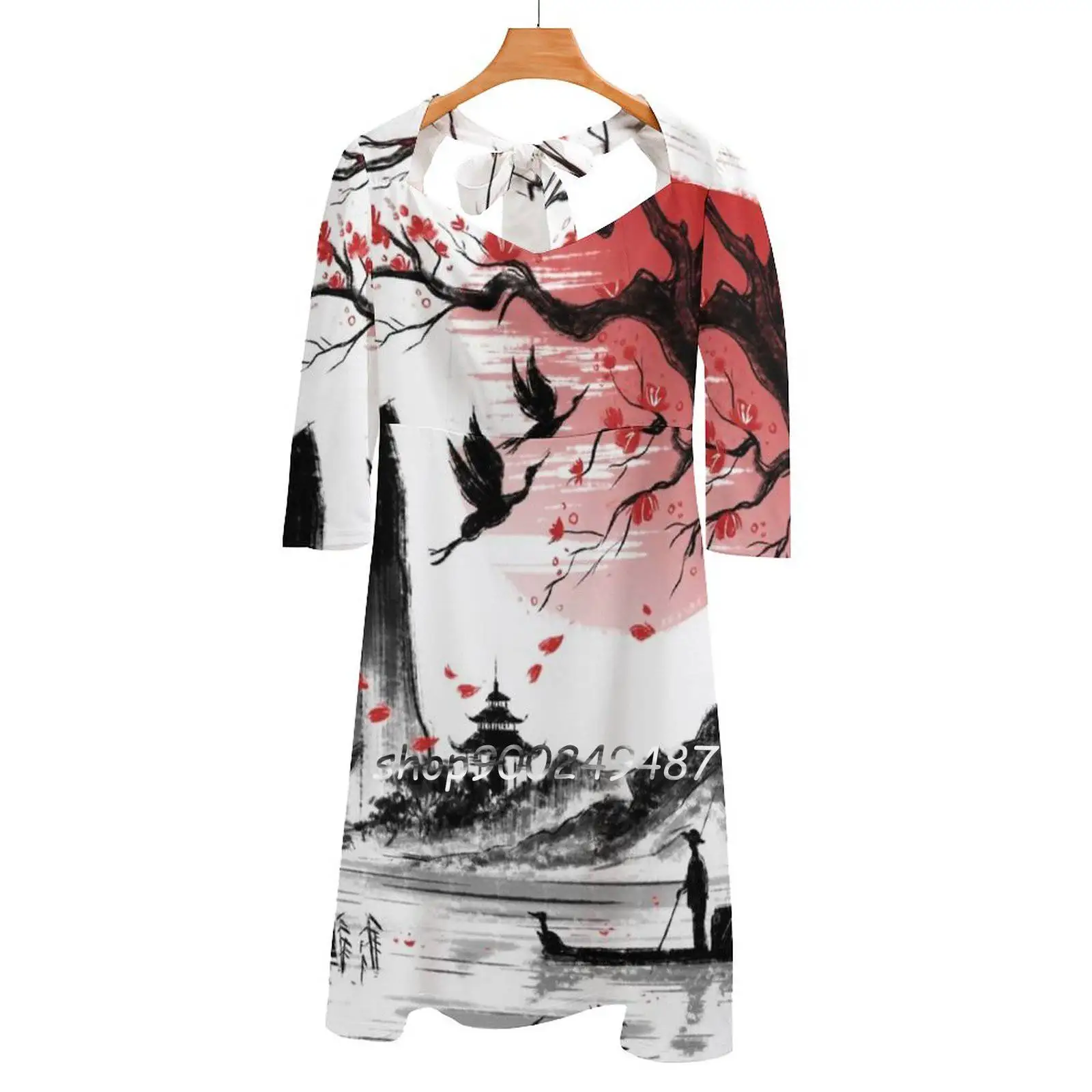 

Japan Dream Sweetheart Knot Flared Dress Fashion Design Large Size Loose Dress Japan Sketch Landscape Red Sun Sakura