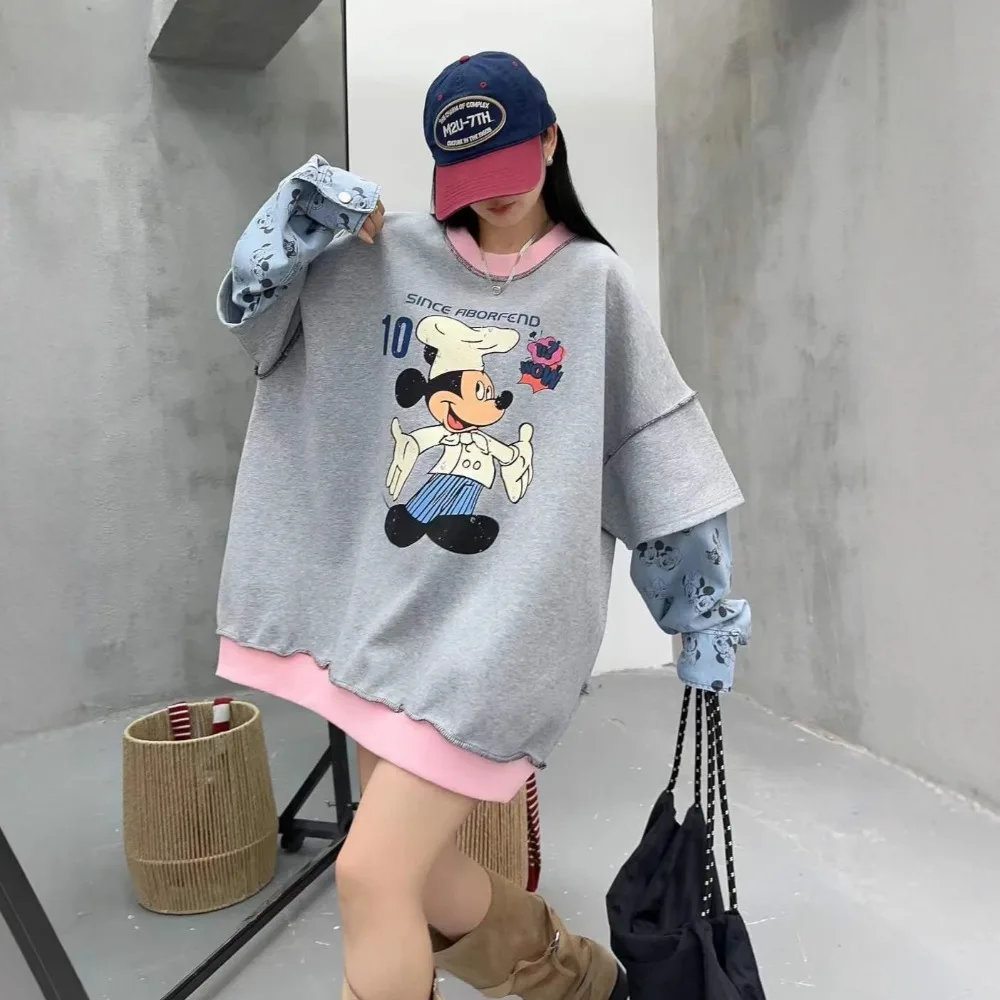 

Fake Two-piece Long-sleeved Sweater Women's Autumn 2025 Mickey Print Design Sense Splicing Loose Plus Size Top