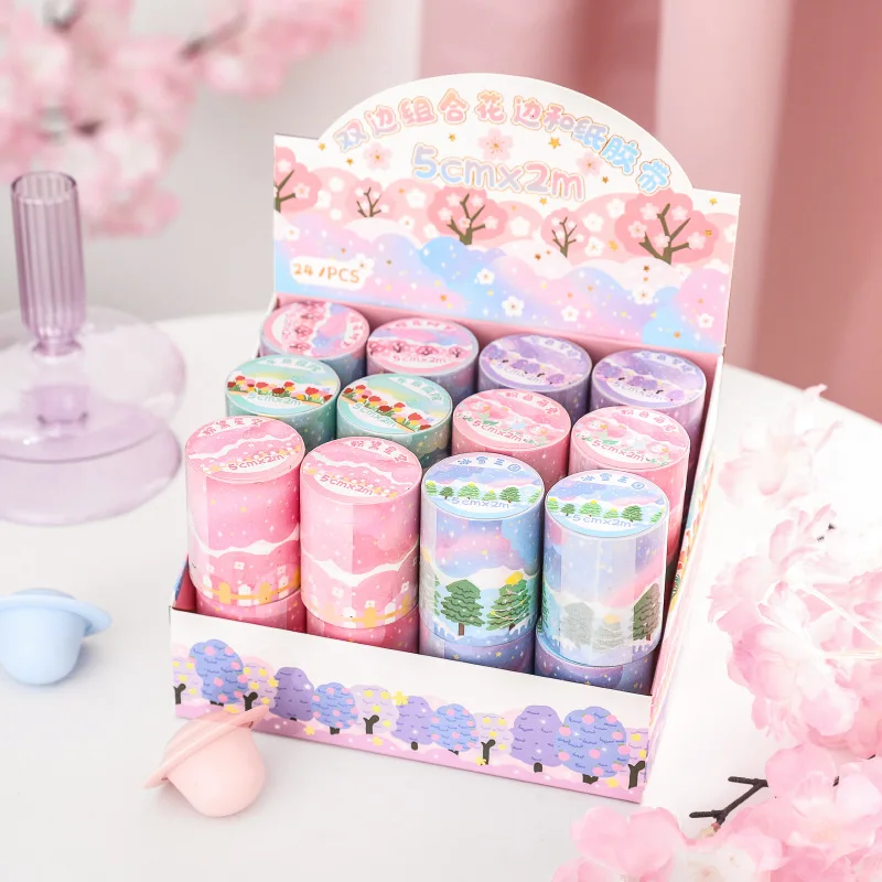 24pcs/box Creative Sakura Washi Paper Sticker Tape Flower Decoration Masking Hand Account Decoration Tape Gift Card Journal Gift