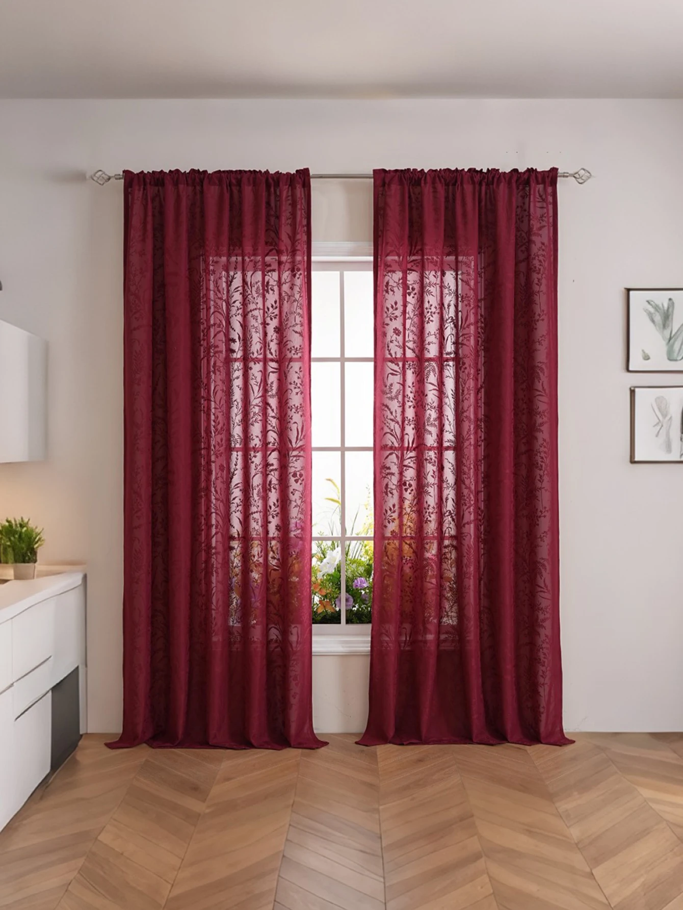 Red Wine Color Small Grass Retro Style Lace Curtains for Summer Living Room And Bedroom Decorative Window Treatments