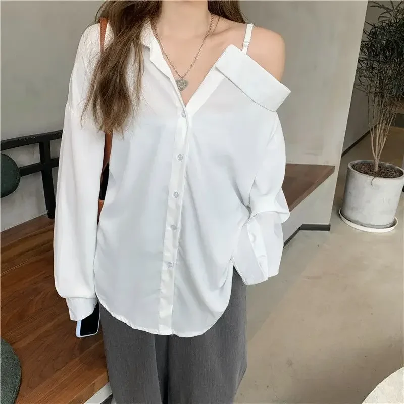 Deeptown Women Blouses Casual Korean Style Off Shoulder Long Sleeve Shirts White Black Oversized Youth Fashion Streetwear Chic