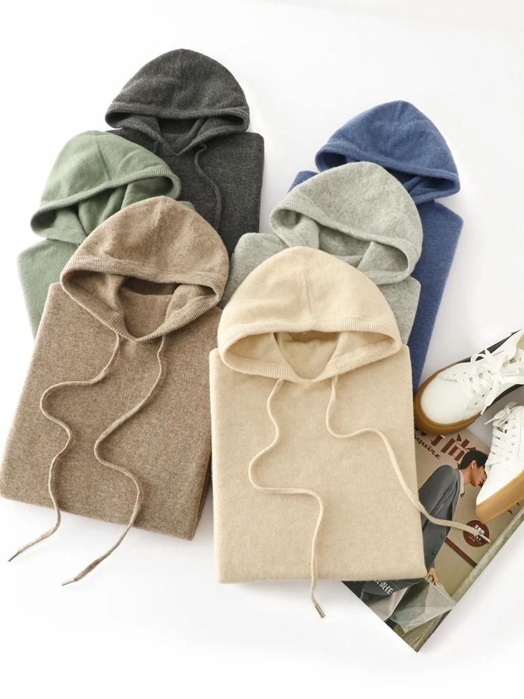 Autumn Winter Loose Thicken Hooded Pullover Sweater 100% Merino Wool Men's Sweater Casual Knit Daily Single Wear Basic Clothing